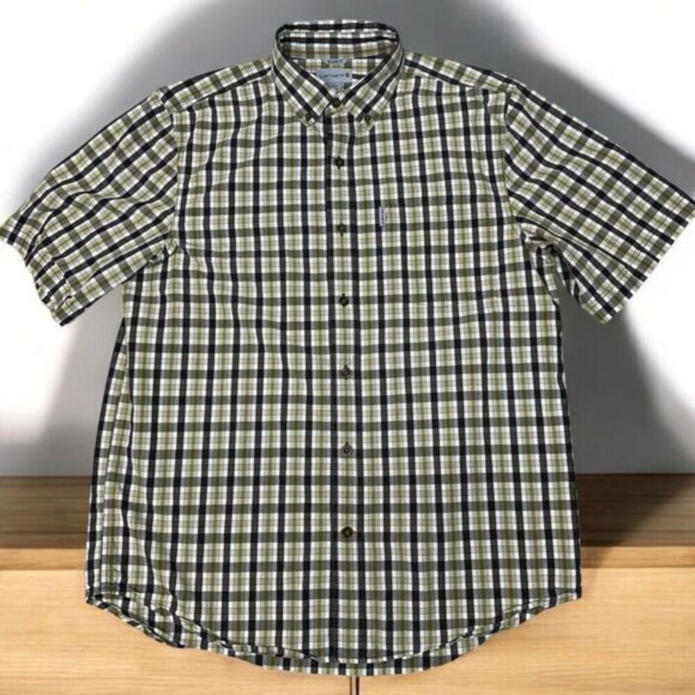 Carhartt Shirt Large‎ Brown Beige Plaid Button Up Work Wear Men's Front Pocket